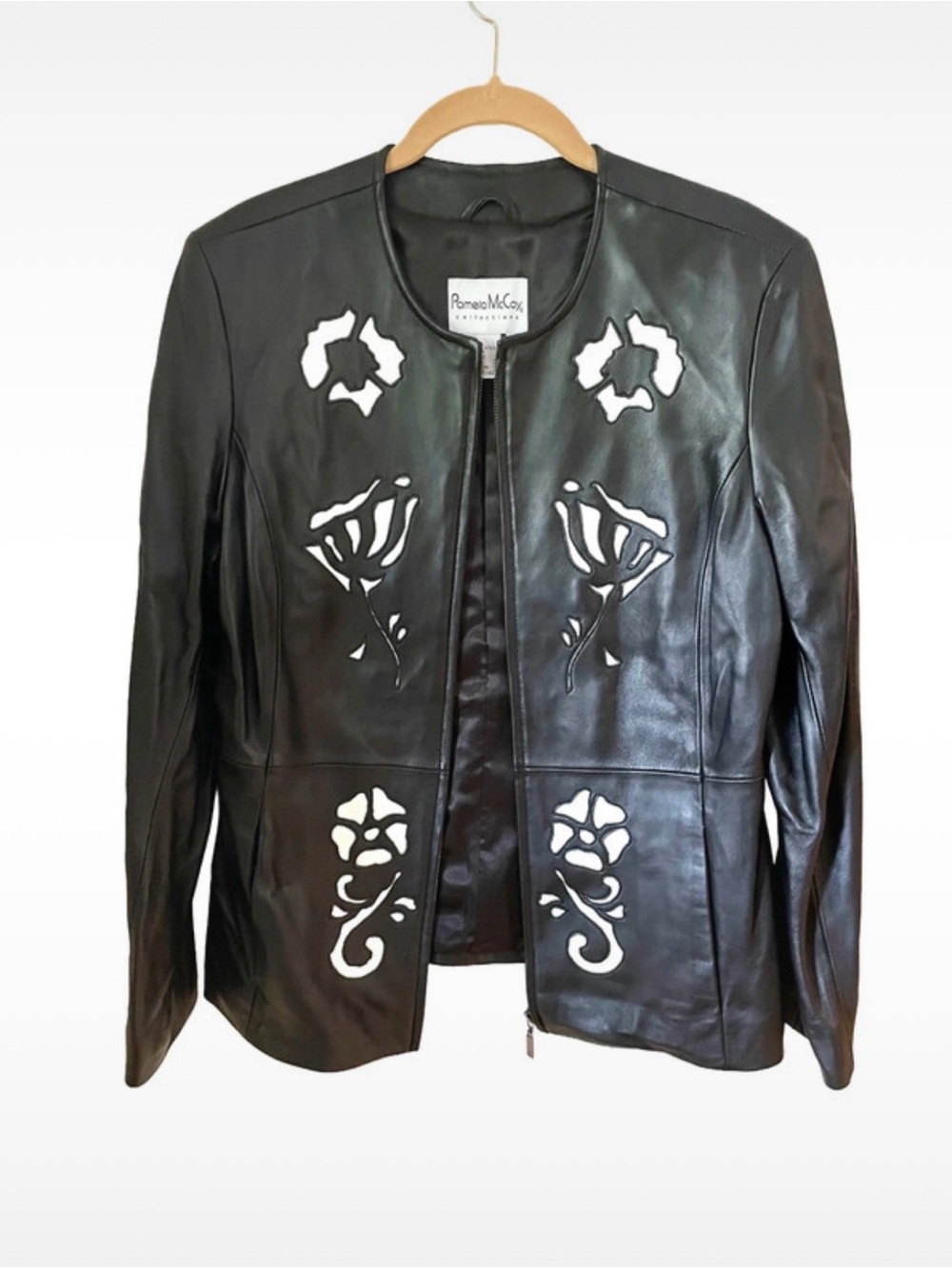 Vintage Black Leather Jacket with Floral Inlay Design